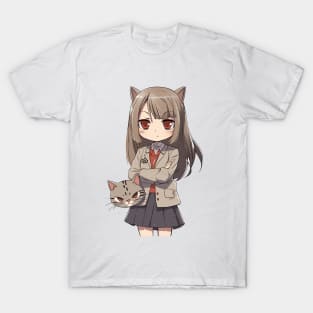 Funny Manga Girl with Angry Cat T-Shirt